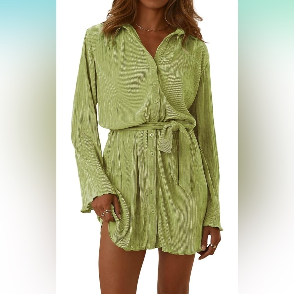 Womenโs Collar V-Neck Button Down Pleated Long Sleeve Mini Shirt Dress with Belt